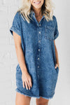 Explore More Collection - Raw Hem Pocketed Cap Sleeve Denim Dress