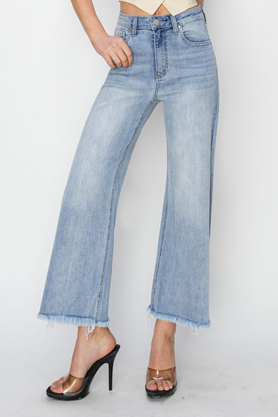 Explore More Collection - RISEN High Rise Crop Wide Fray Hem Jeans