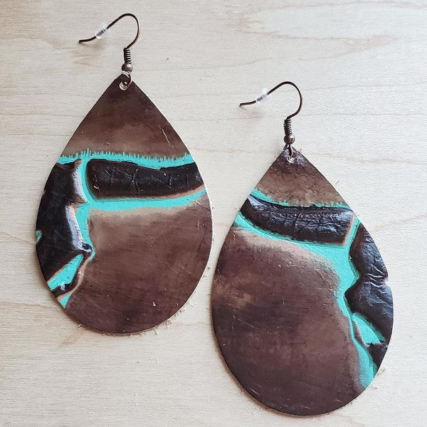 Explore More Collection - Leather Earrings in Brown/Turquoise Steer Heads