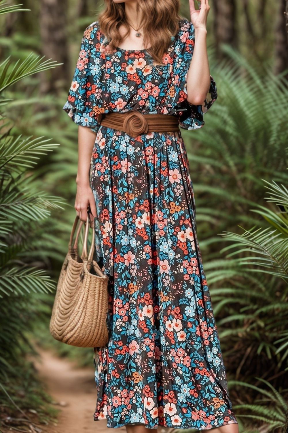Explore More Collection - Tied Printed Round Neck Half Sleeve Dress