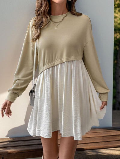 Explore More Collection - Perfee Contrast Round Neck Long Sleeve Mini Dress