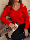 Explore More Collection - Honey Cable-Knit V-Neck Cold Shoulder Sweater