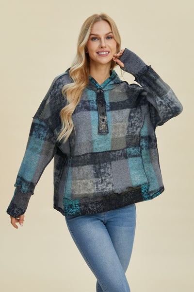 Explore More Collection - Double Take Full Size Plaid Dropped Shoulder Hoodie