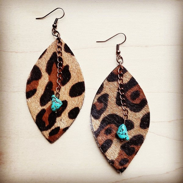 Explore More Collection - Leather Oval Earrings Leopard w/ Turquoise Drops