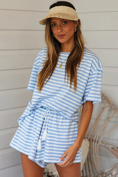 Explore More Collection - Striped Round Neck Top and Shorts Set