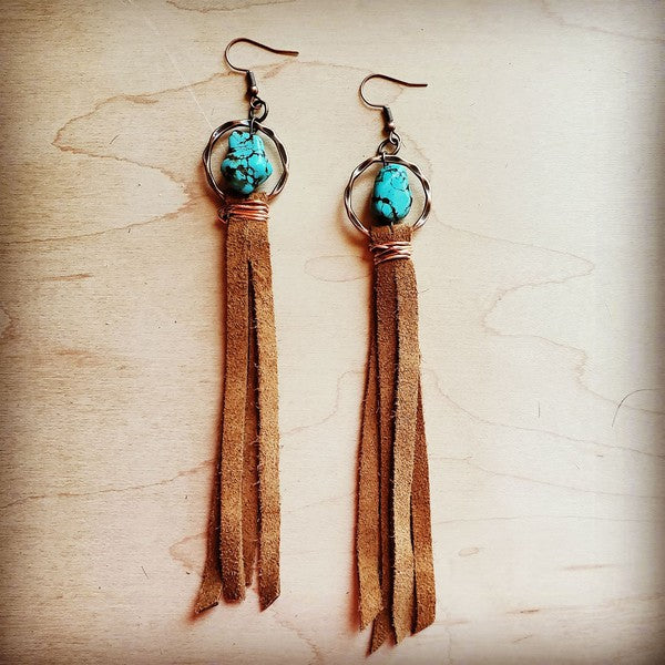 Explore More Collection - Turquoise drop earrings w/ suede leather tassel