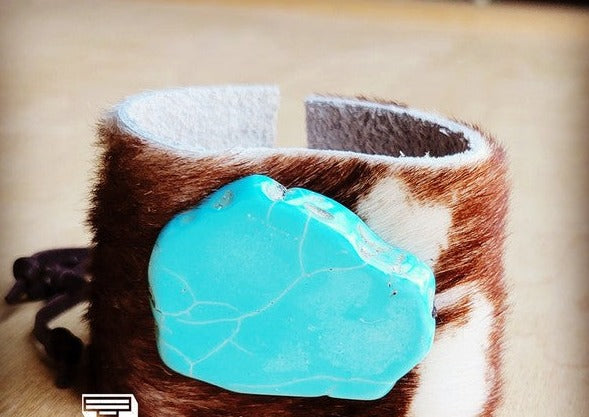 Explore More Collection - Leather Cuff Axis Deer Hide & Turquoise Stone