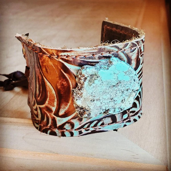 Explore More Collection - Leather Cuff Turquoise Brown Floral w/ Turq Slab