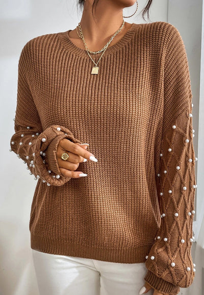 Explore More Collection - Pearl Detail Round Neck Long Sleeve Sweater