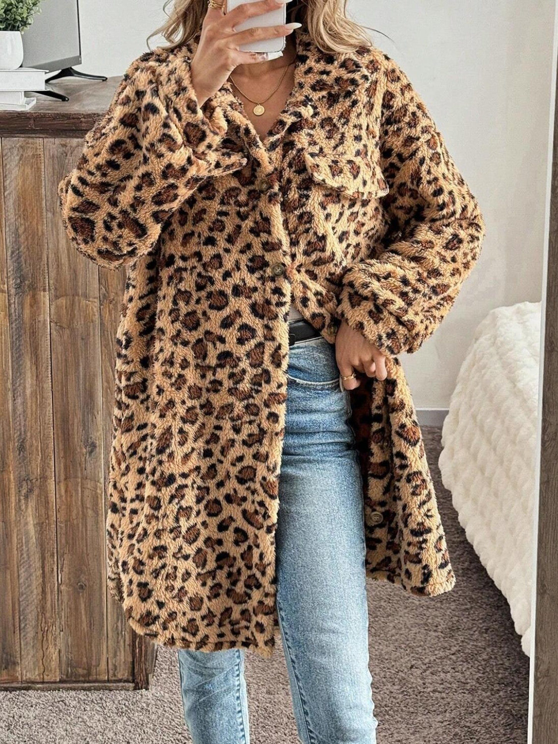 Explore More Collection - Leopard Button Up Long Sleeve Fuzzy Coat