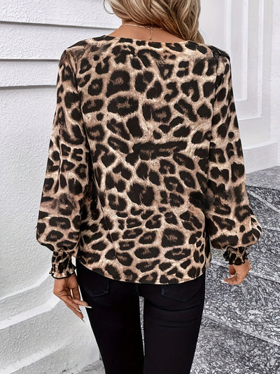 Explore More Collection - Leopard V-Neck Lantern Sleeve Blouse
