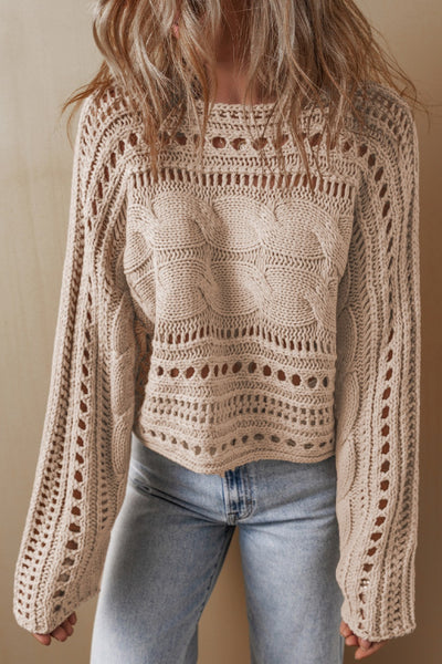 Explore More Collection - Cable-Knit Openwork Long Sleeve Sweater