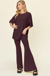 Explore More Collection - Double Take Full Size Round Neck Drop Shoulder T-Shirt and Flare Pants Set