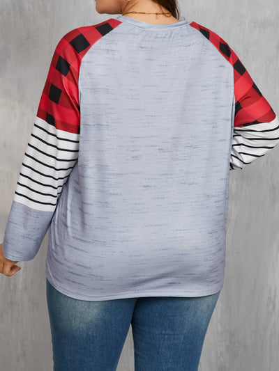 Explore More Doorbusters - Plus Size Christmas Tree Plaid Round Neck Long Sleeve T-Shirt