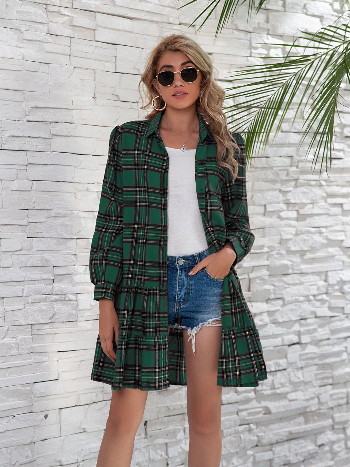 Sample Ruffle Hem Plaid Button Down Long Sleeve Dress Sample Ruffle Hem Plaid Button Down Long Sleeve Dress