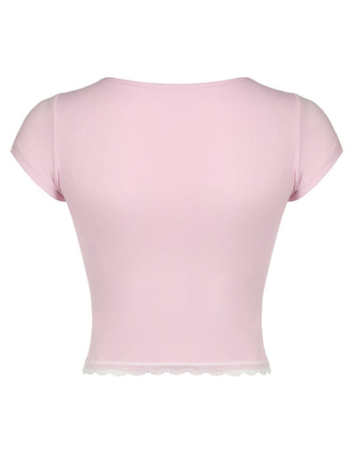 Explore More Collection - Lace Detail Sweetheart Neck Short Sleeve T-Shirt