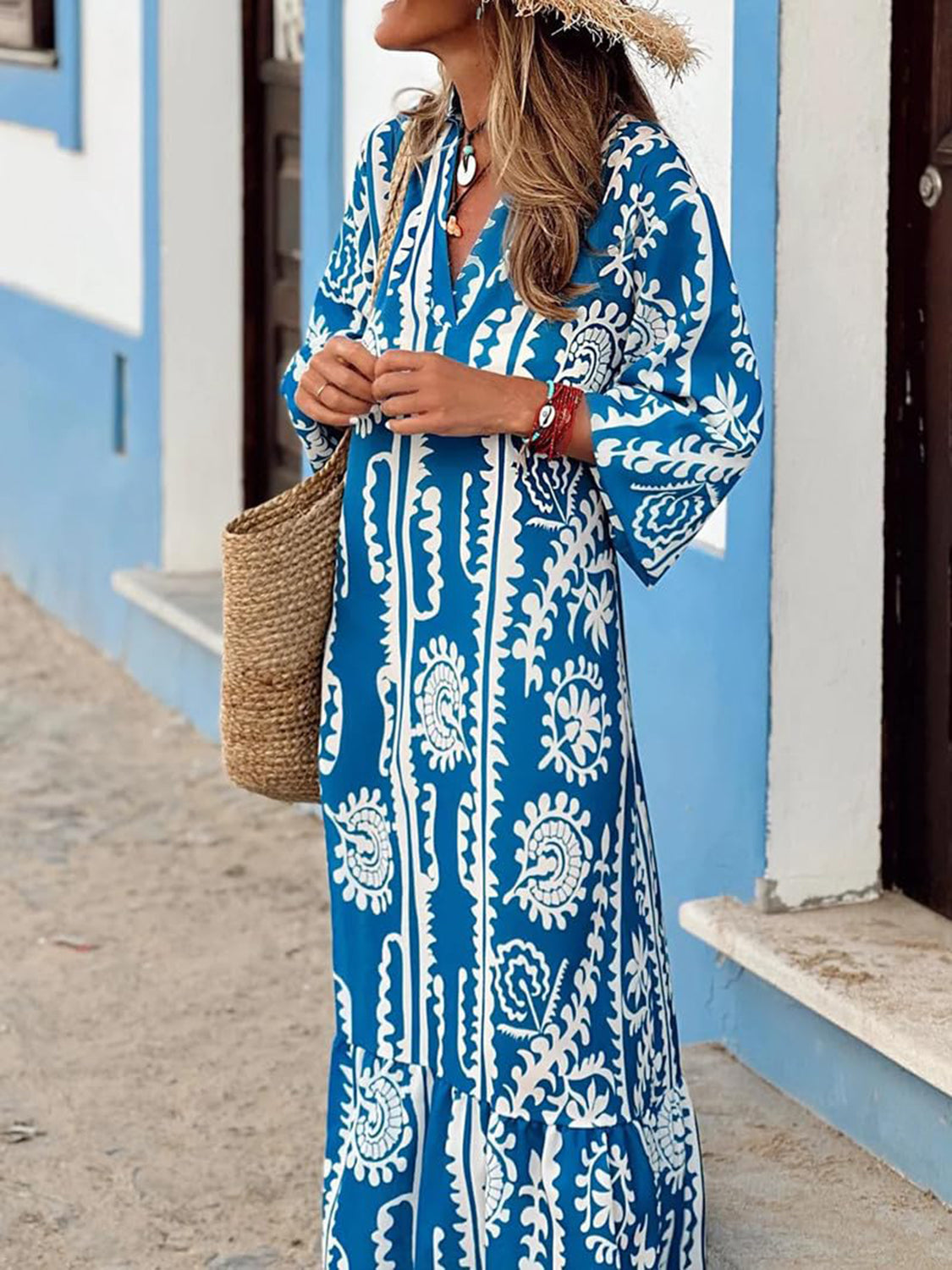 Explore More Collection - Printed Notched Half Sleeve Maxi Dress