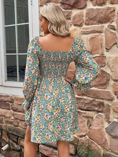 Explore More Collection - Floral Smocked Flounce Sleeve Square Neck Dress