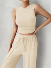 Explore More Collection - Mock Neck Sleeveless Top and Drawstring Pants Set