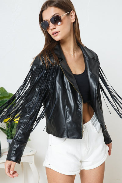 Explore More Collection - Faux Leather Moto Fringe Jacket