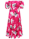 Explore More Collection - Pleated Floral Off-Shoulder Short Sleeve Midi Dress