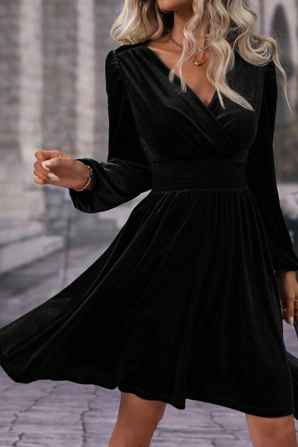 Explore More Collection - Surplice Long Sleeve Velvet Dress