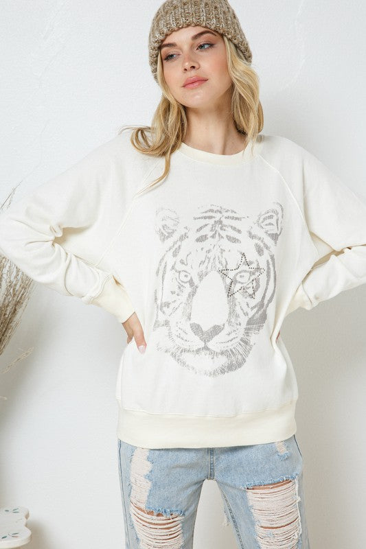 Explore More Collection - French Terry Tiger Studded Star Graphic Sweatshirt