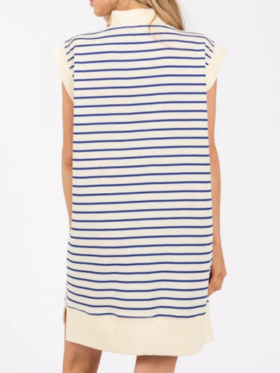 Explore More Collection - Full Size Pocketed Striped Quarter Zip Cap Sleeve Dress