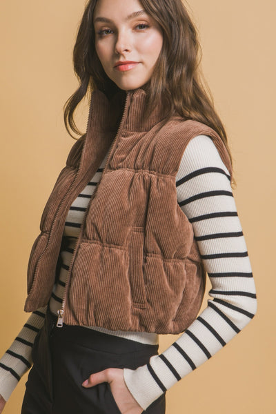 Explore More Collection - Love Tree Corduroy Zip Up Puffer Vest with Pockets