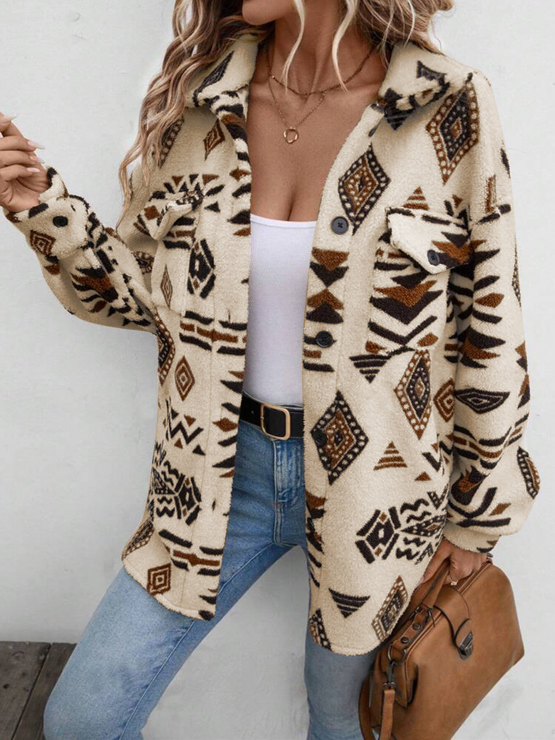 Explore More Collection - Geometric Button Up Dropped Shoulder Jacket