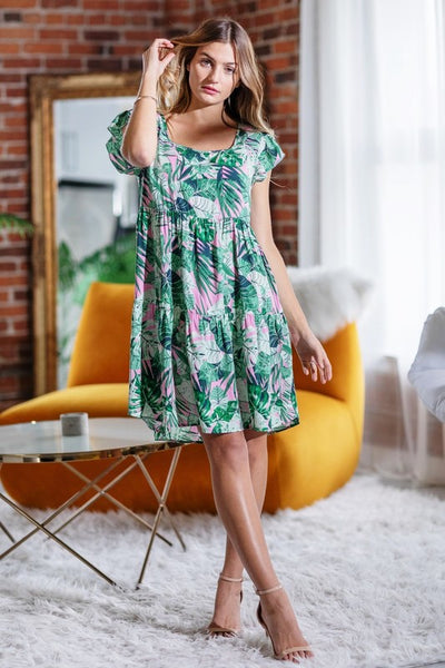 Explore More Collection - Plus Tropical Flutter Sleeve Tiered Midi Dress