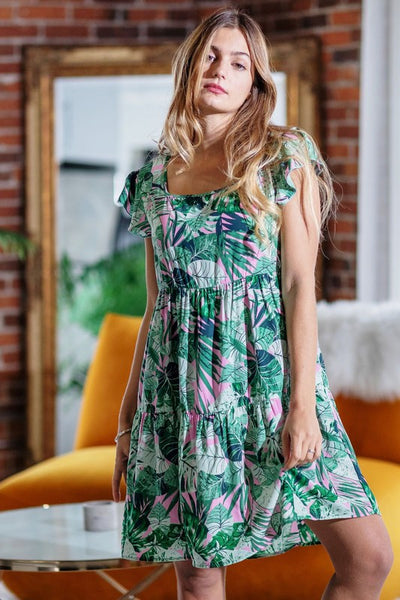 Explore More Collection - Plus Tropical Flutter Sleeve Tiered Midi Dress