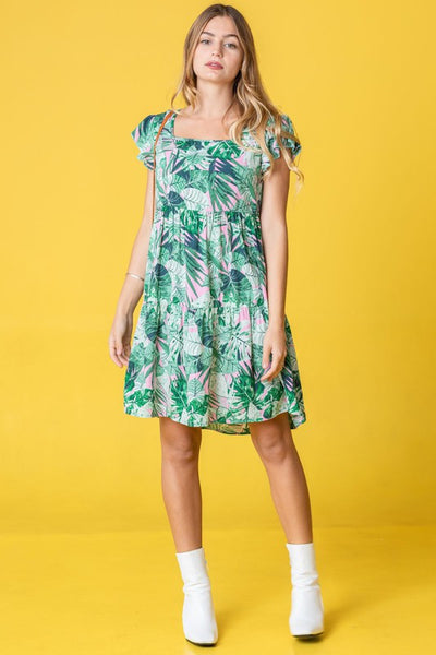 Explore More Collection - Plus Tropical Flutter Sleeve Tiered Midi Dress