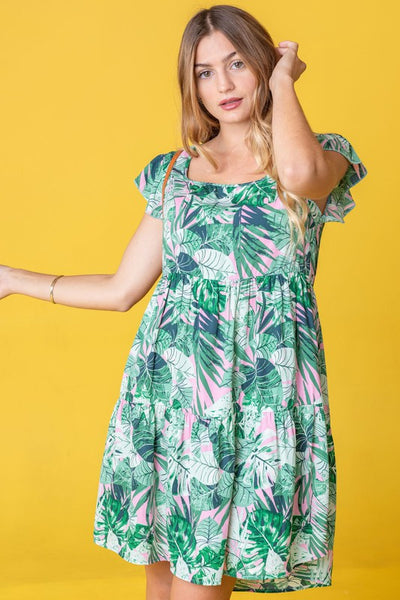 Explore More Collection - Plus Tropical Flutter Sleeve Tiered Midi Dress