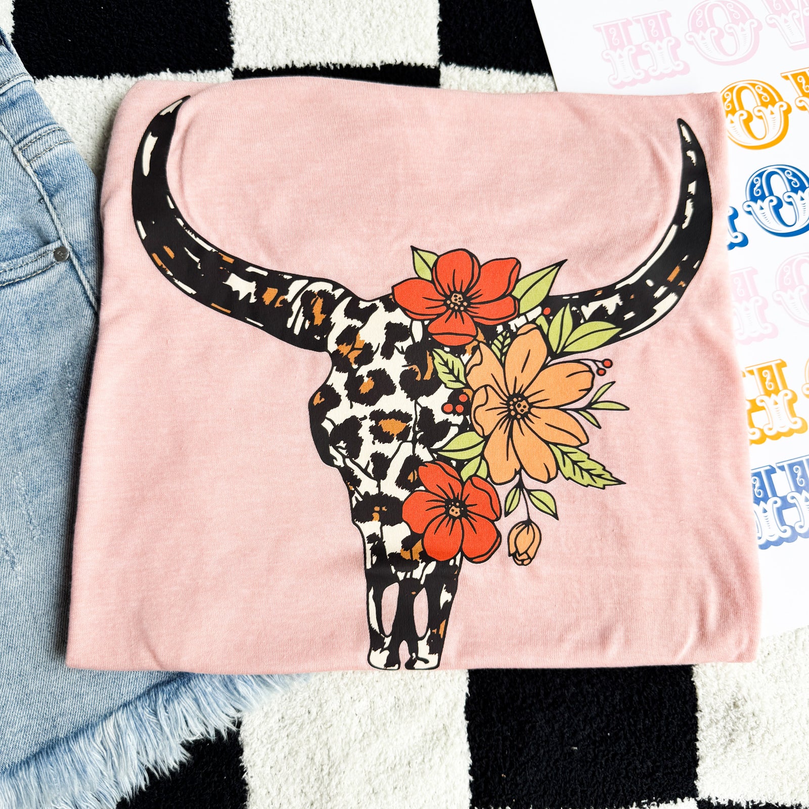 Explore More Collection - Peach Leopard Bullskull Graphic Tee