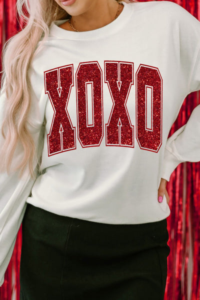 Explore More Collection - Valentine’s Day XOXO Glitter Round Neck Sweatshirt