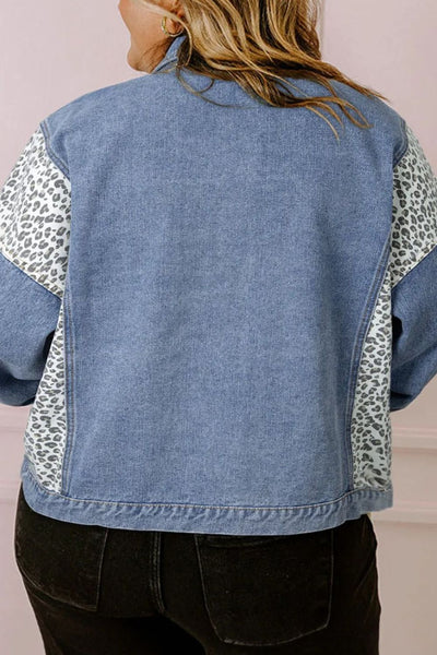 Explore More Collection - Plus Size Leopard Long Sleeve Denim Jacket