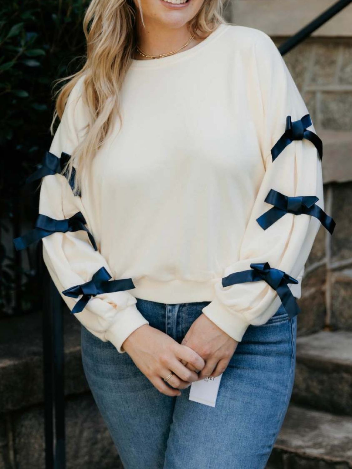 Explore More Collection - Contrast Bow Round Neck Long Sleeve Sweatshirt