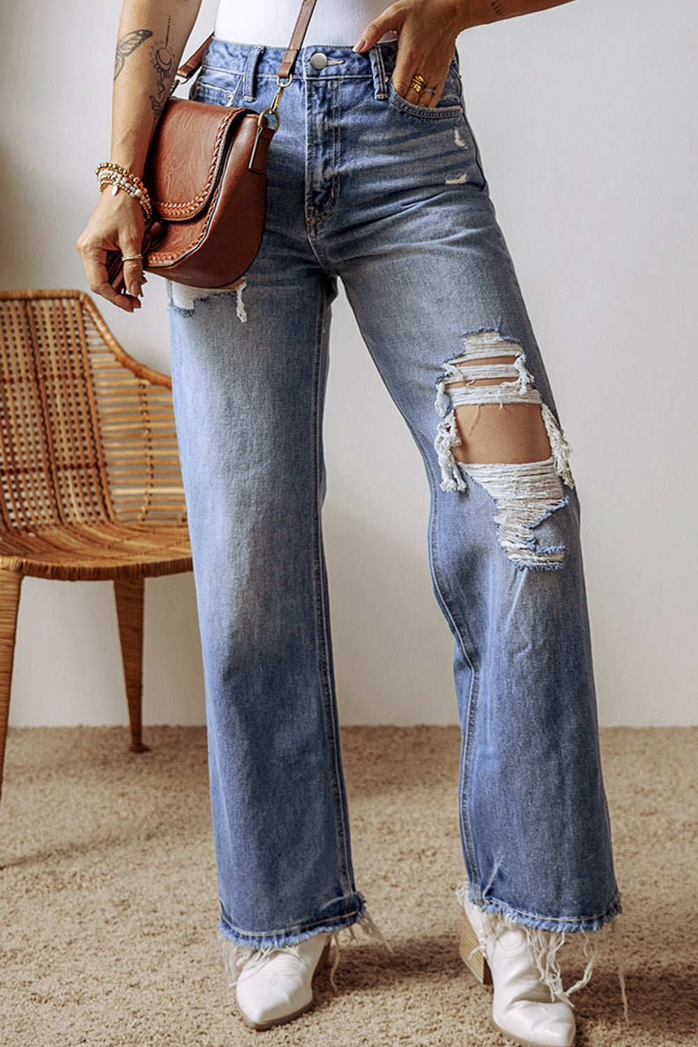 Explore More Collection - Distressed Straight Leg Jeans with Pockets