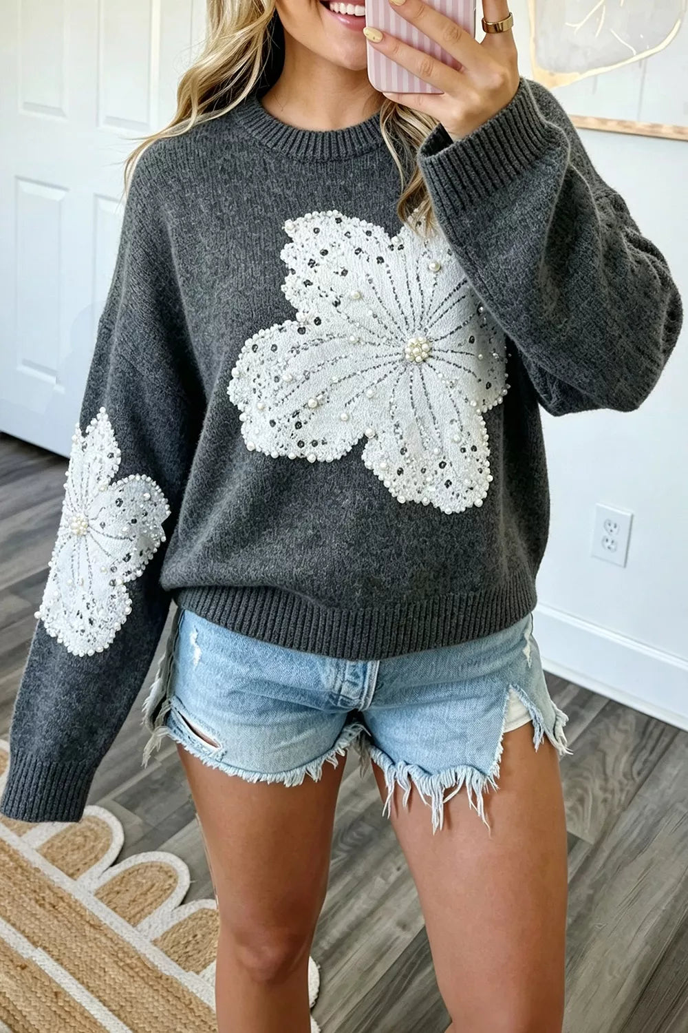 Pearl Embellished Floral Dropped Shoulder Sweater