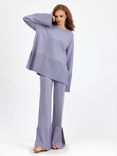 Explore More Collection - Basic Bae Slit Round Neck Long Sleeve Top and Drawstring Pants Sweater Set