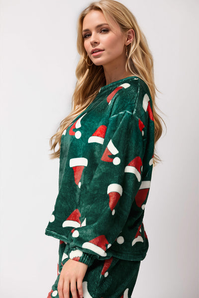 Explore More Collection - Christmas Hat Pattern Round Neck Long Sleeve Top and Pants Set