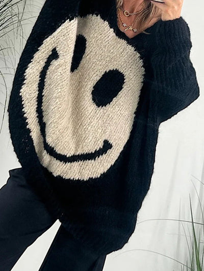 Explore More Collection - Smiling Face V-Neck Long Sleeve Sweater