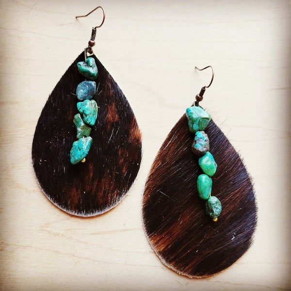 Explore More Collection - Leather Dark Hair-on-Hide Earring w/ Turquoise