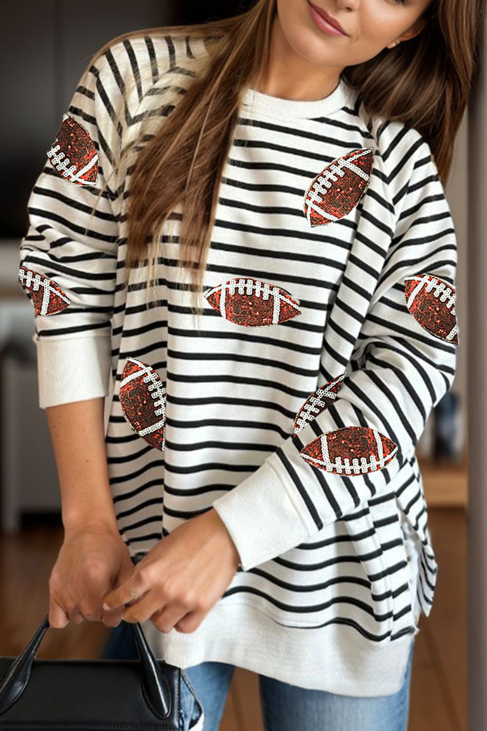 Explore More Collection - Sequin Football Striped Long Sleeve Sweatshirt