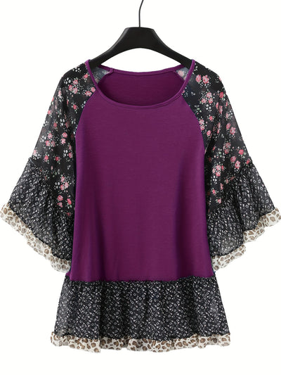 Explore More Collection - Full Size Frill Printed Round Neck Half Sleeve Blouse