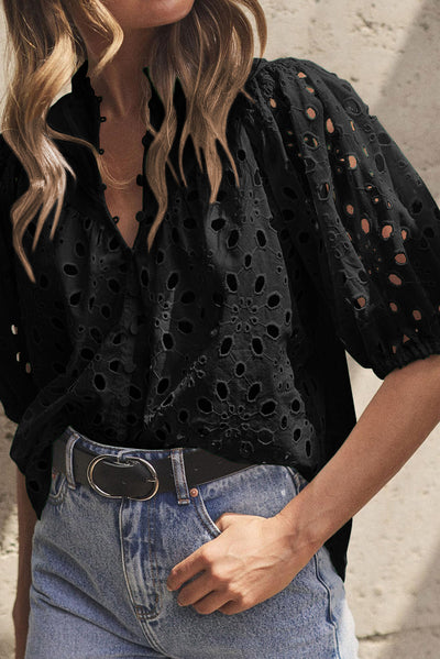 Explore More Collection - Eyelet Button Up Half Sleeve Blouse