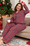 Explore More Collection - Plus Size Plaid Collared Neck Top and Pants Lounge Set