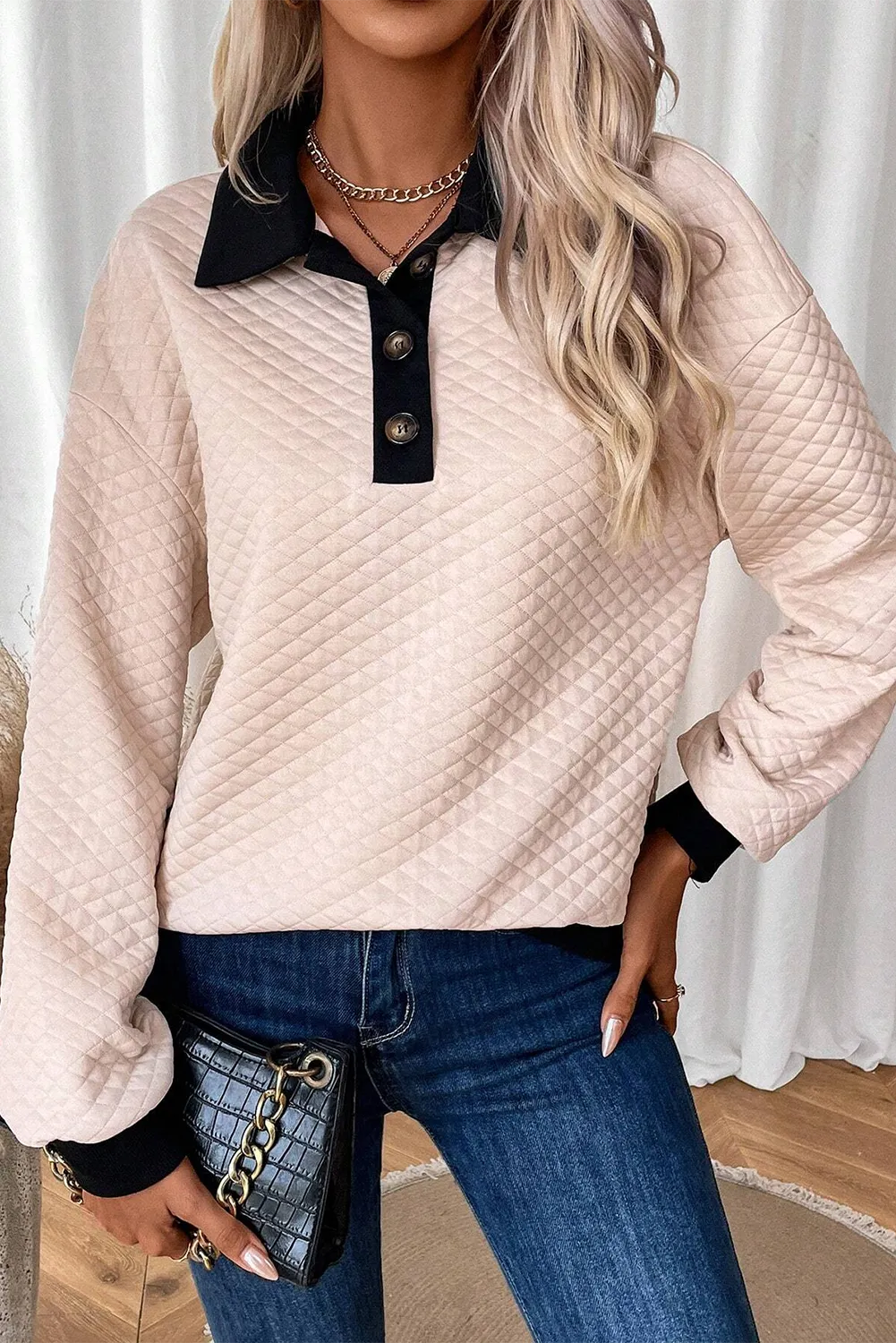 Explore More Collection - Textured Collared Neck Long Sleeve Top