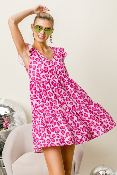 Explore More Collection - BiBi Leopard Cap Sleeve Tiered Mini Dress